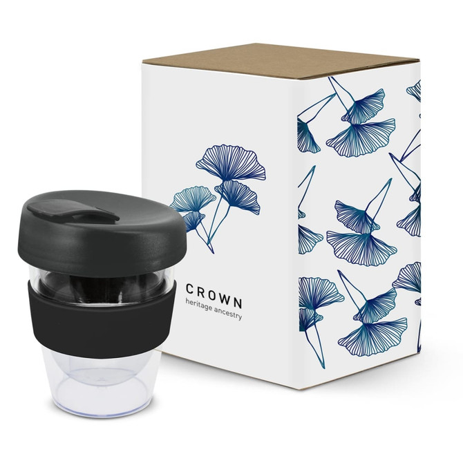 A drink bottle with a clear body and black lid, packaged in a decorative box featuring floral designs.