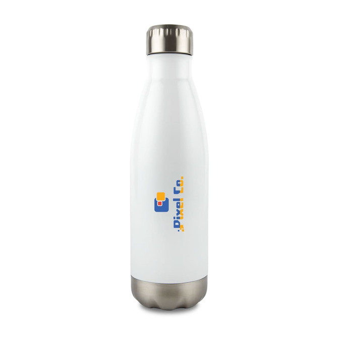 A drink bottle in white stainless steel with a silver lid and a branding logo on the side.