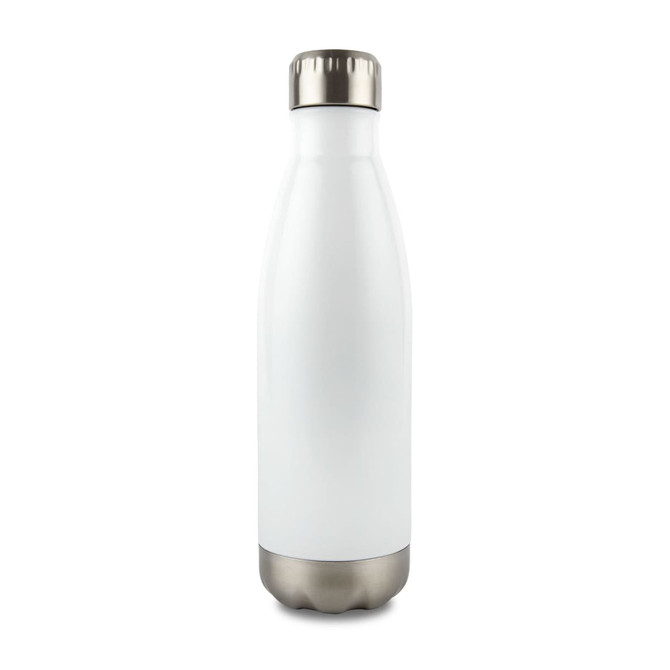 A drink bottle in white stainless steel with a silver lid and a smooth finish. Features a logo on the surface.