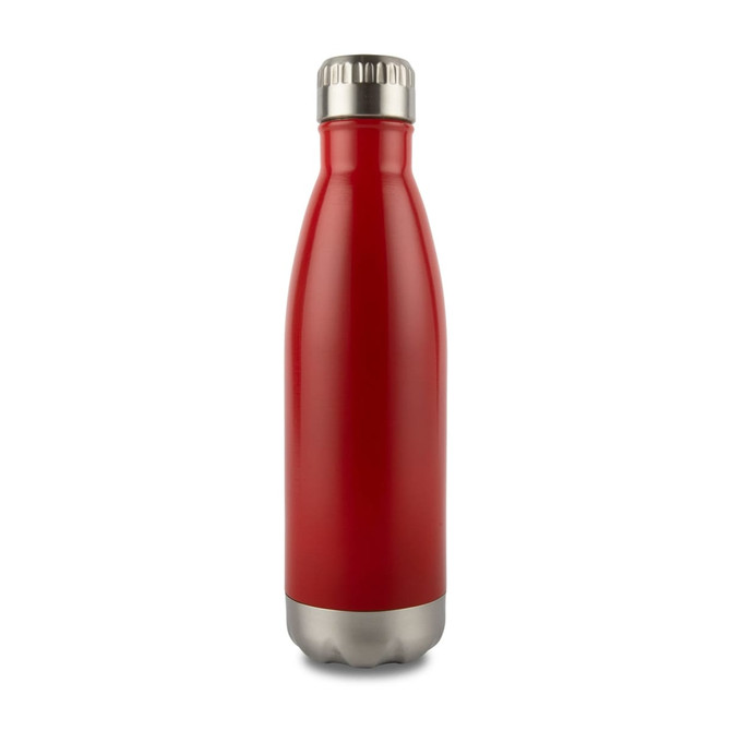 A drink bottle in bright red stainless steel with a silver base and a screw-on lid, featuring a logo.