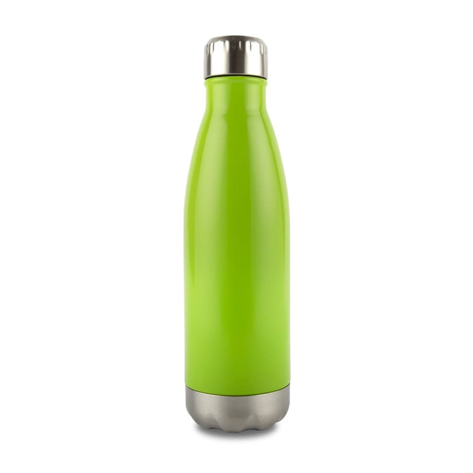 A drink bottle in bright green with a stainless steel base and silver lid, featuring a logo. 