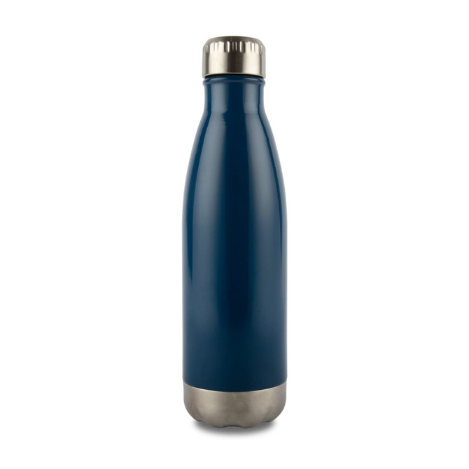 A drink bottle in navy blue with a stainless steel bottom and top, featuring a logo.