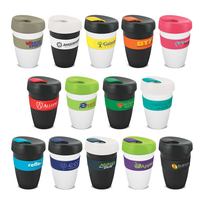 A collection of assorted double wall drink cups in various colours, each featuring a logo or branding.