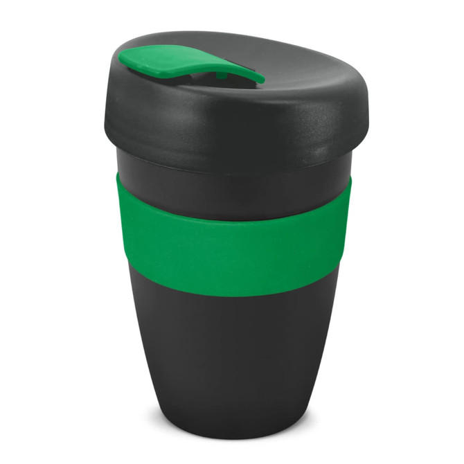 A drink bottle featuring a double wall design, with a black body and green silicone band and lid. It has a logo.