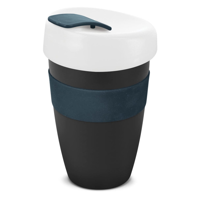 A drink bottle with a white lid and dark navy band, featuring a sleek black body. It has a logo on the surface.