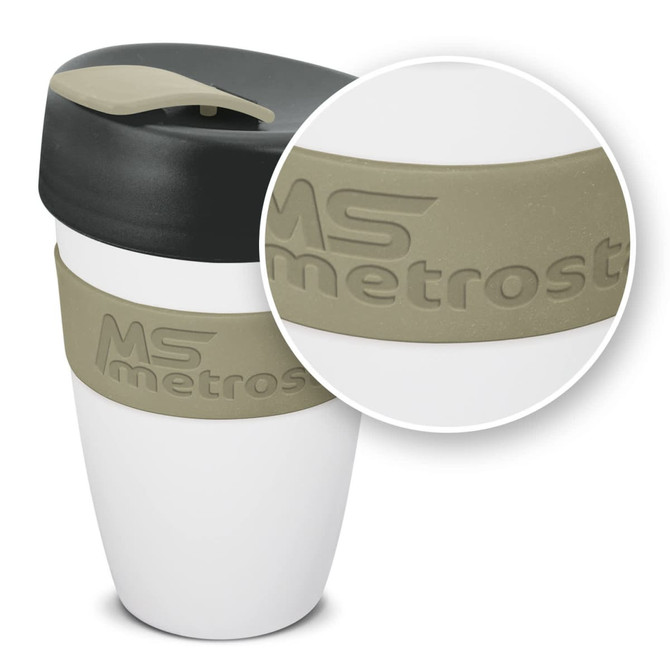 A drink bottle featuring a white body, black lid, and an olive green silicone band, with a logo on the band.
