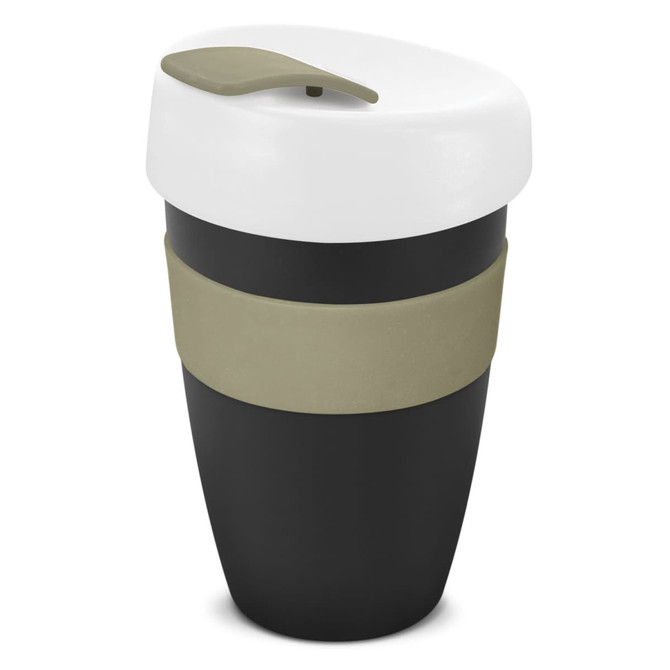 A drink bottle with a black body, white lid, and beige band for grip. It features a logo on the side.