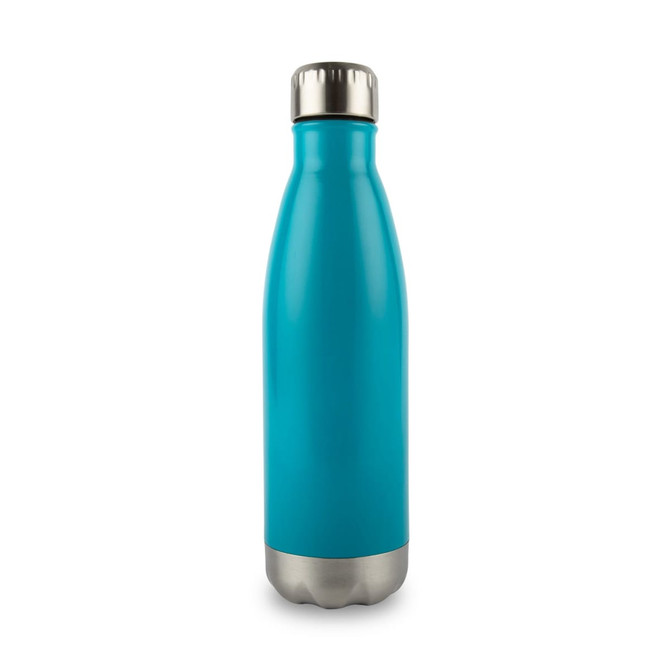 A drink bottle with a sleek turquoise body and a stainless steel base, featuring a metal cap and a logo.