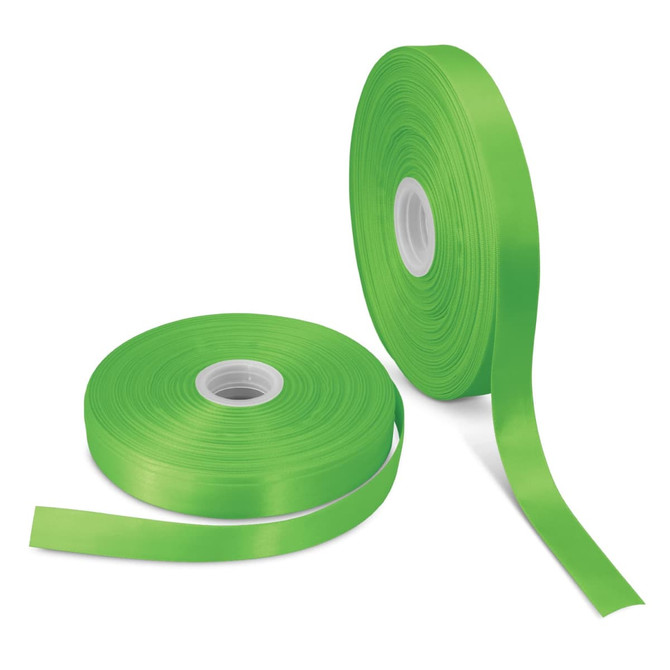 Two rolls of bright green personalised ribbon, each 25mm wide, displayed side by side on a white background.