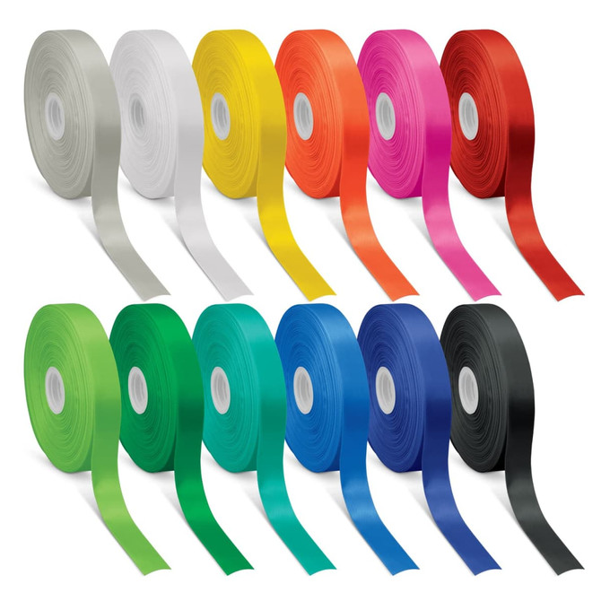 A collection of 12 ribbons in various colours, including white, yellow, pink, red, green, blue, and black, on spools.
