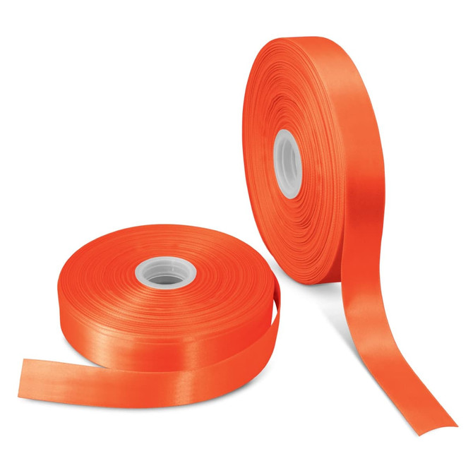 Two rolls of vibrant orange ribbon, one partially unspooled, with a smooth satin finish. Each roll has a central core.