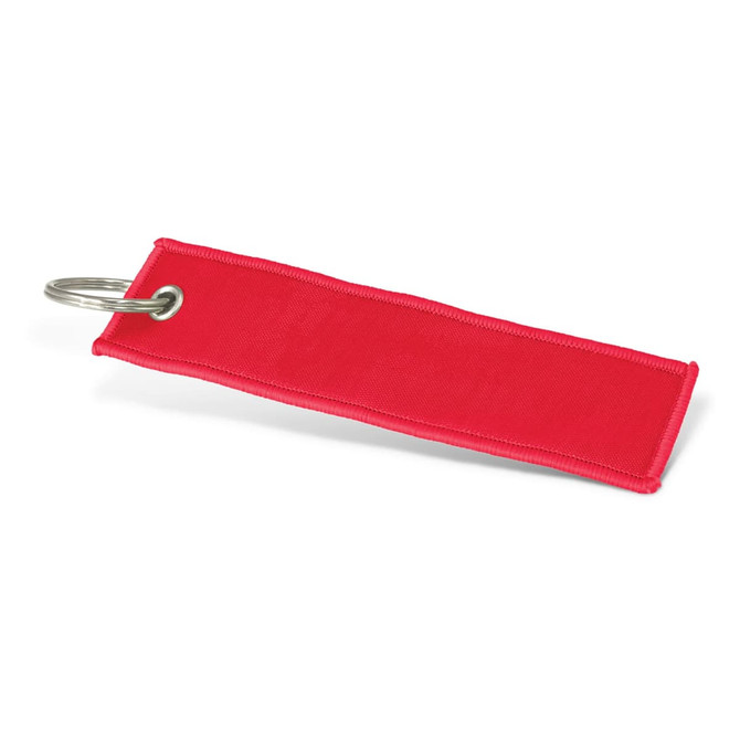 A red woven key ring with a metal ring attached, featuring a simple rectangular design.