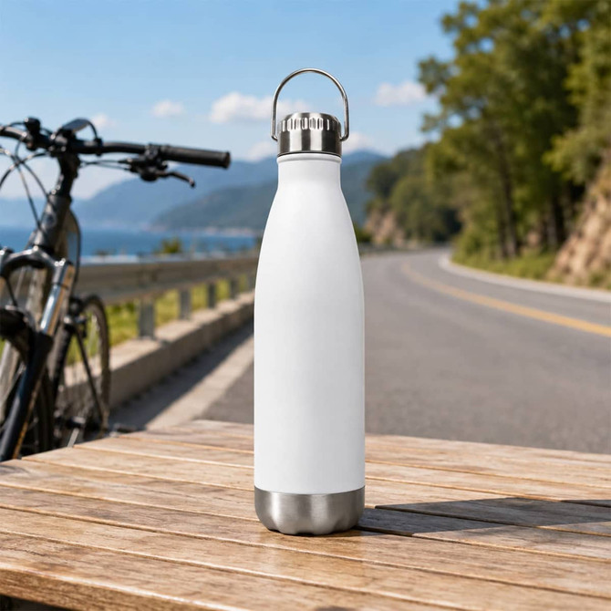 A drink bottle in white with a stainless-steel base and a hanger lid, set on a wooden table outdoors.