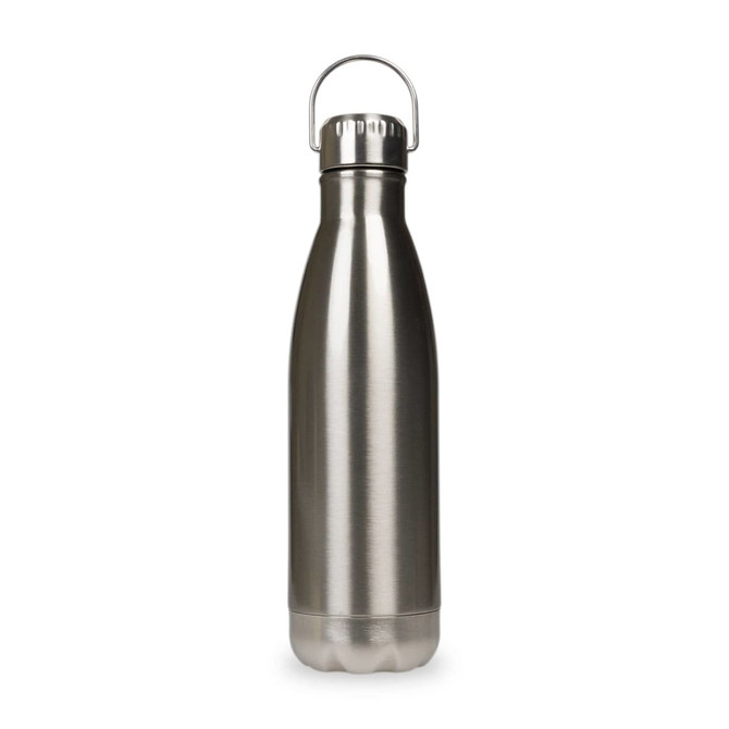 A stainless steel drink bottle with a hanger lid, featuring a sleek, silver finish.