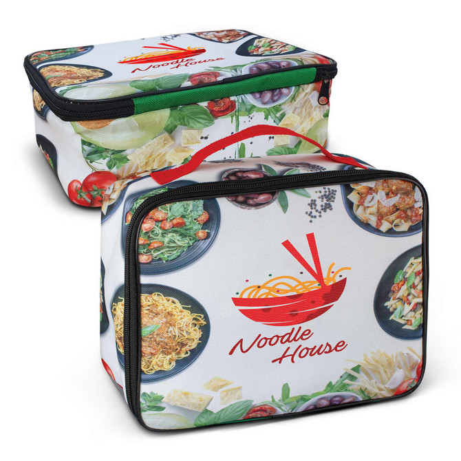 A lunch cooler bag featuring a vibrant food print in various colours, with a logo on the front and a zip closure.