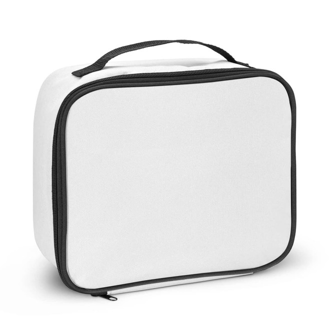 A white cooler bag with black trim and a zippered closure. It features a sturdy handle for carrying.