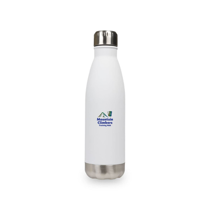 A drink bottle with a sleek white finish and a stainless steel base, featuring a logo on the front.