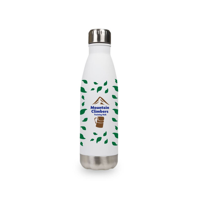 A drink bottle in white with green leaves and a stainless steel bottom, featuring a logo.