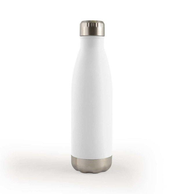 A drink bottle in white with a stainless steel bottom and shiny silver cap, featuring a logo.