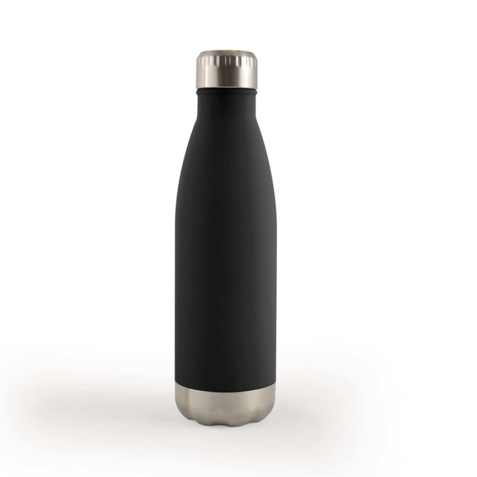 A drink bottle with a sleek black exterior and a stainless steel base, featuring a metallic cap.