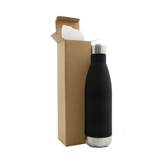A drink bottle in matte black with a stainless steel base, displayed next to a cardboard box. It features a logo.