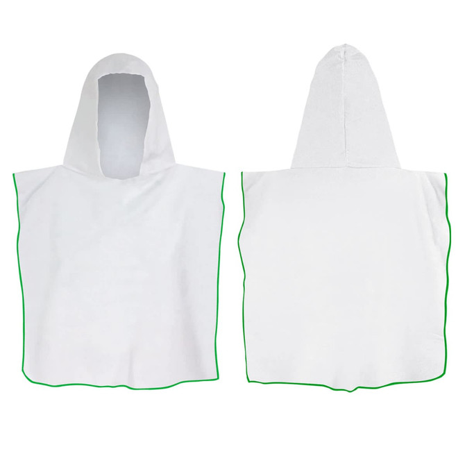 A white hooded towel featuring a green trim, showcasing both front and back views. It has a hood for added comfort.