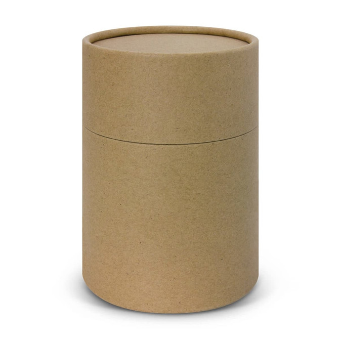 A cylindrical, kraft paper packaging box with a removable lid, featuring a plain design.