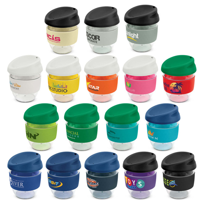 A collection of reusable coffee cups in various colours, each featuring a logo and a black lid.