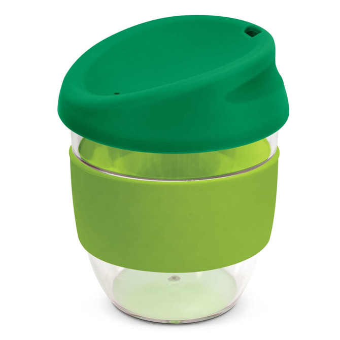 A drink bottle featuring a clear body, green lid, and a green silicone sleeve. It also includes branding.