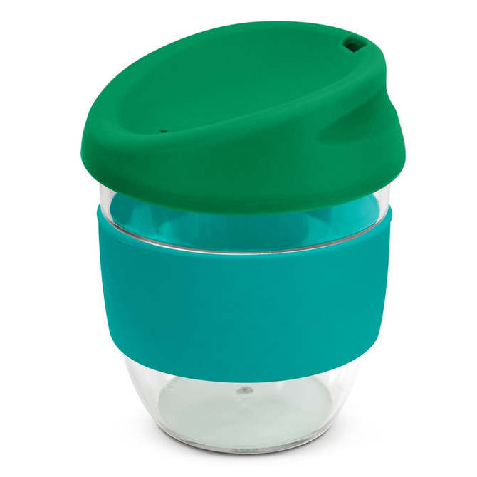A drink bottle featuring a clear body, teal silicone band, and a green lid. It has a logo at the base.