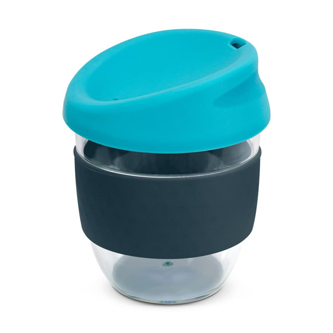 A drink bottle made of clear Tritan with a teal lid and a black silicone band. It has a sleek, modern design.