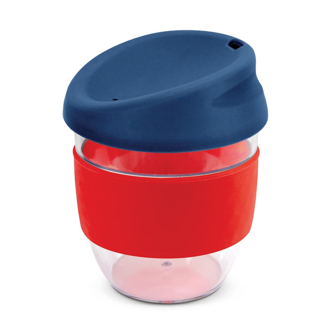 A drink bottle with a transparent body, red silicone sleeve, and a navy blue lid. It features a logo.