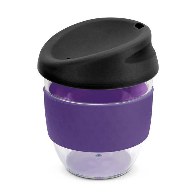 A drink bottle in purple and clear Tritan material, featuring a black silicone lid and a purple silicone grip band.
