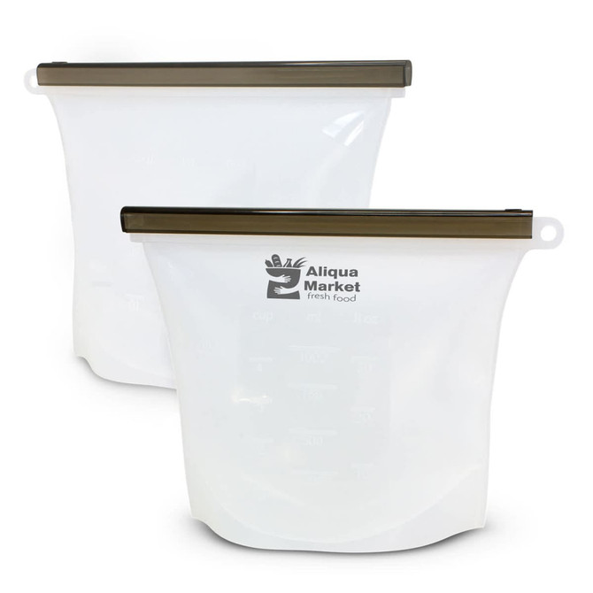 Two silicone reusable storage pouches in white, featuring a brown seal and measuring markings, with a logo.