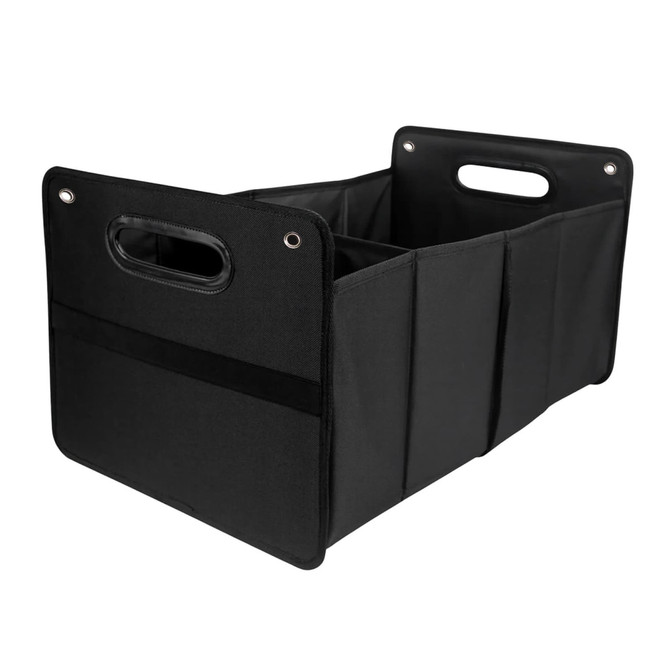 A black fabric cargo storage organiser featuring two compartments and two side handles. It has a simple design and a logo.