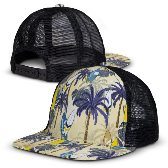 A flat peak cap featuring a palm tree and surfboard design with a black mesh back and yellow brim.