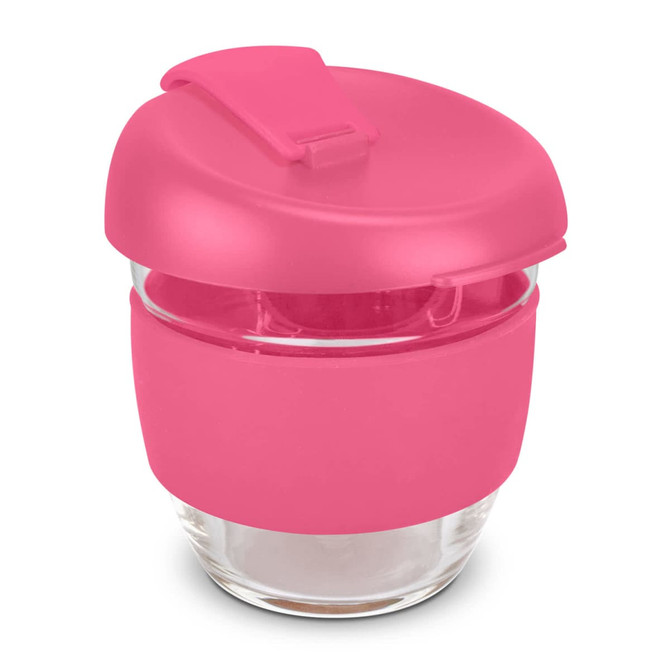 A drink bottle made of borosilicate glass, featuring a bright pink silicone lid and sleeve. It has a branding logo.