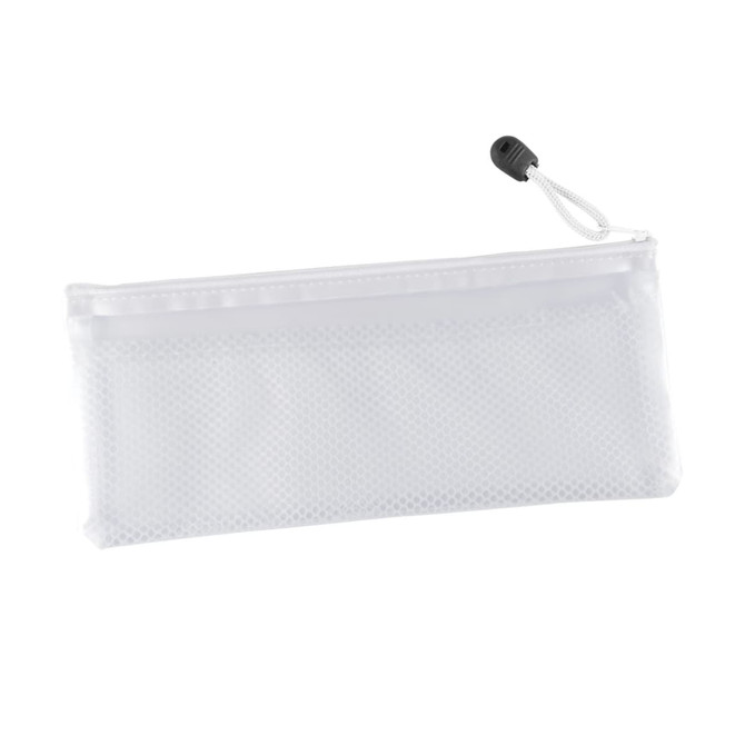 A transparent white pencil case with a textured design and a zip closure, featuring a black pull toggle.