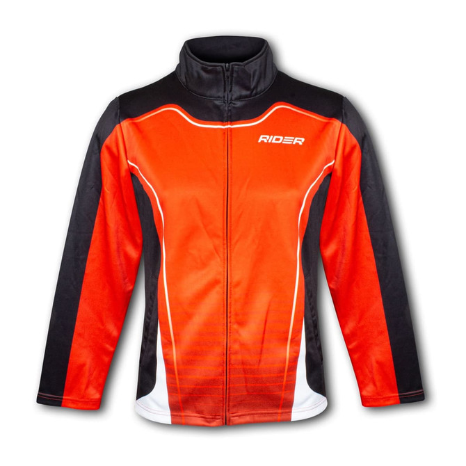 A bright red and black sports jacket with a zip-up front and high collar, featuring a logo.