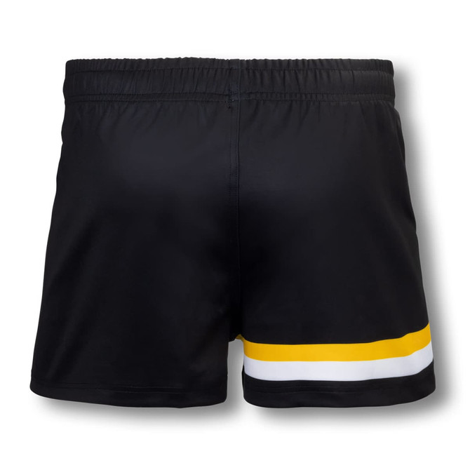 Custom men’s AFL shorts in black with a yellow and white stripe design and an elastic waistband. Features a logo.