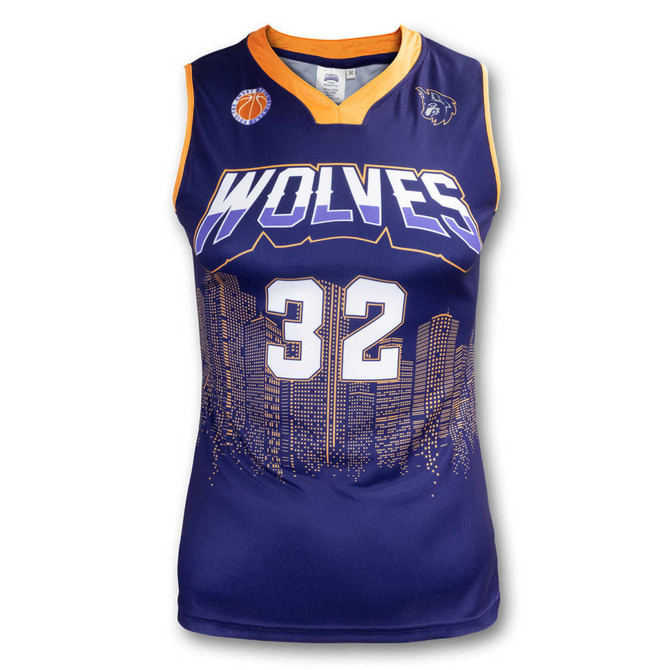A sleeveless women's basketball top in purple and orange, featuring a city skyline design and a logo.