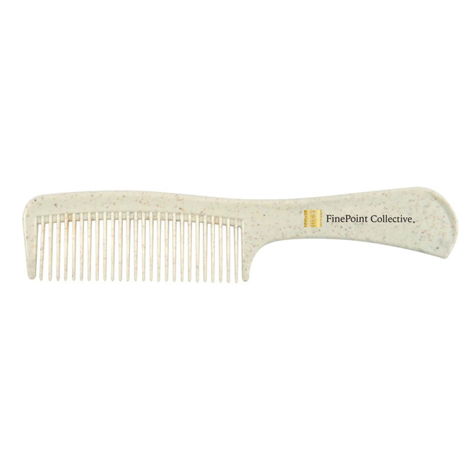 A fine-toothed comb in pale green, featuring a logo on the handle. It has a textured finish for grip.