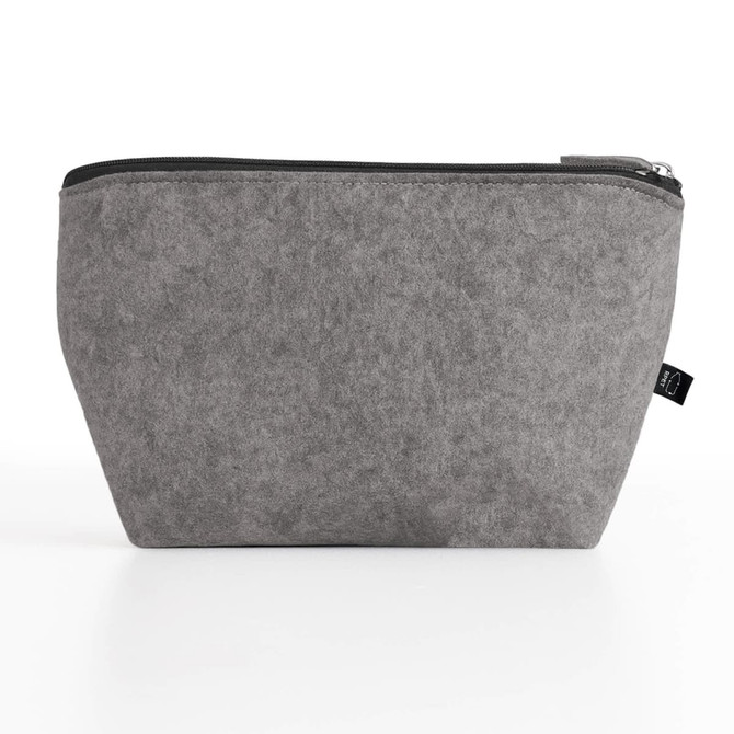 A grey cosmetic pack with a zipper closure, crafted from felt material, featuring a simple design and a brand tag.
