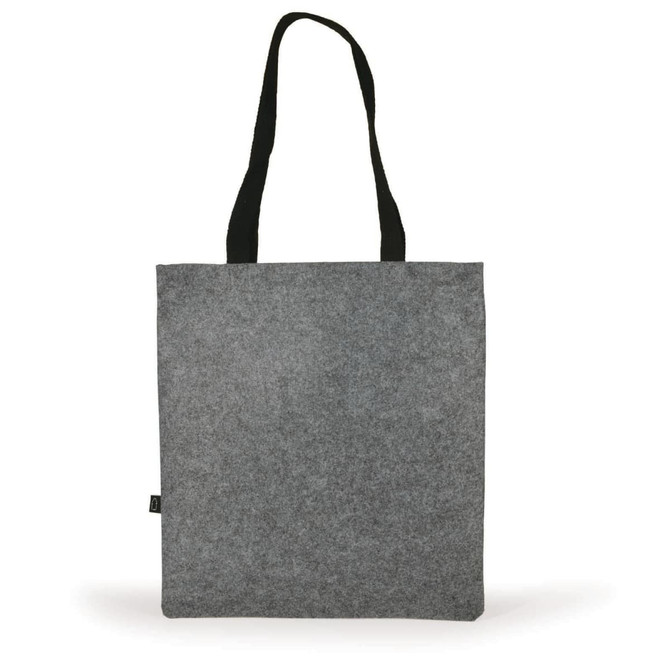 A grey felt tote bag with black handles, featuring a small logo on the side.