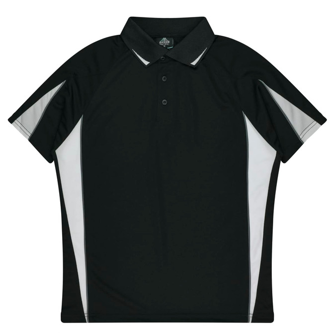 A black polo shirt with white accents and a collar, featuring a logo on the front.