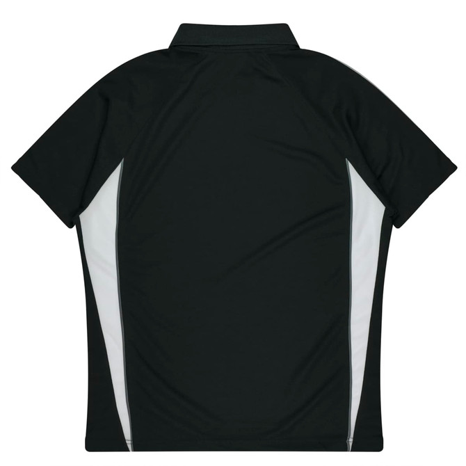 A black polo shirt featuring white side panels and a classic collar, with a logo on the back.