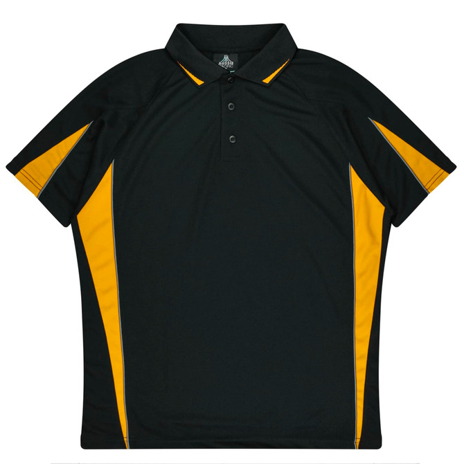 A black polo shirt with yellow accents, featuring a collar and three buttons, including a logo.