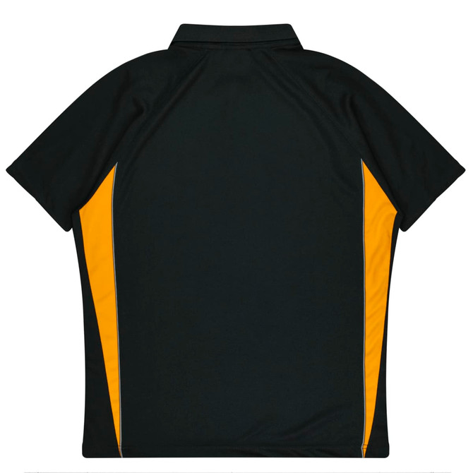 A green polo shirt with yellow side panels and a collar. The back is plain with contrasting colours.