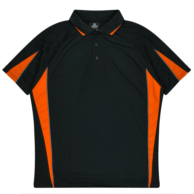 A black polo shirt with orange accents and a logo on the chest. Features a classic collar and short sleeves.