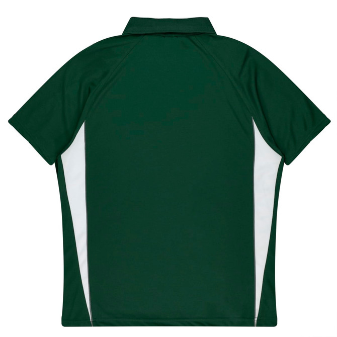 A green polo shirt with white side panels and a collar, featuring a logo.